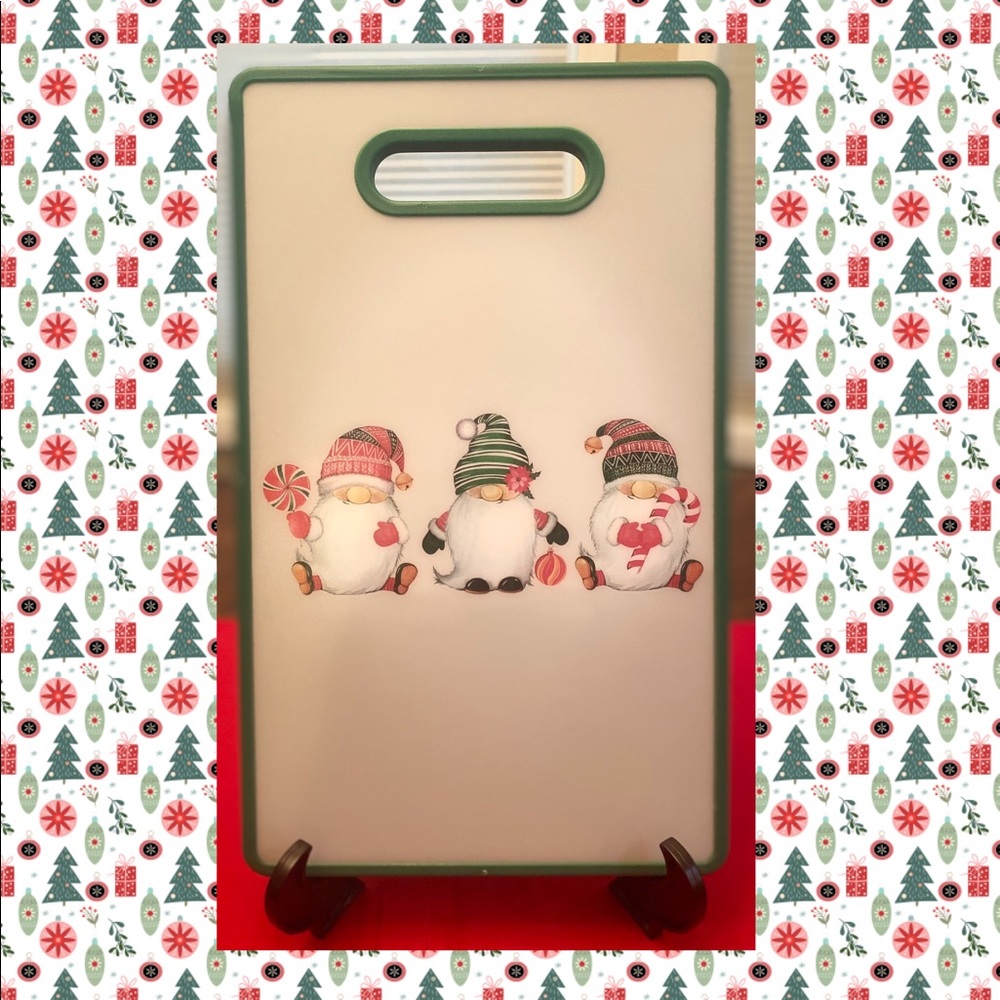 3 Christmas Gnomes Cutting Board By Core Kitchen With Built-In Handle 9” X 14.5”